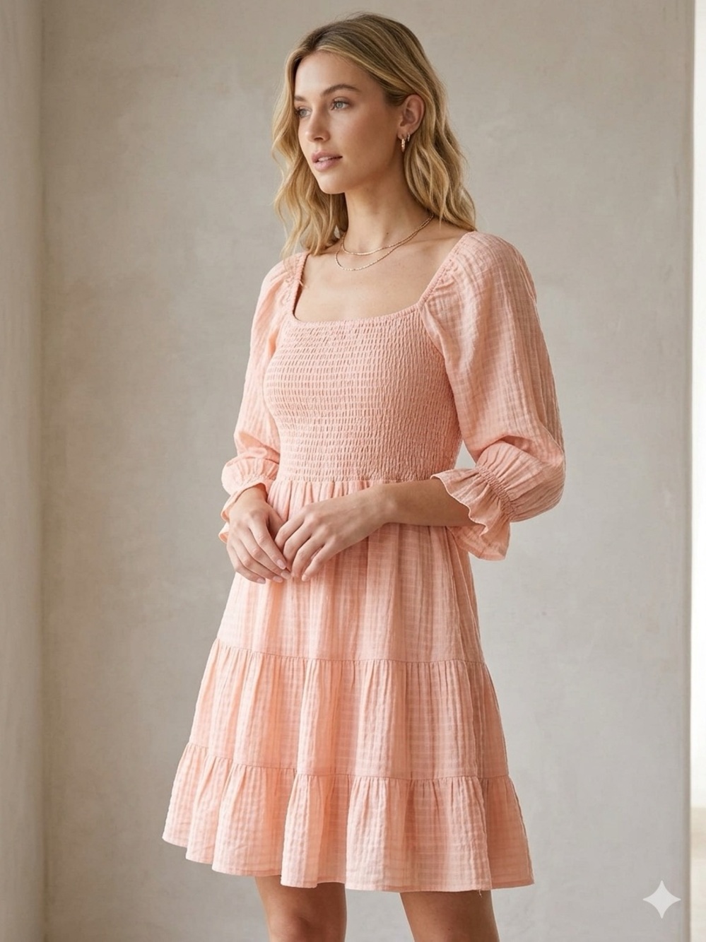 ✨ Ces Femme Peach Pink Smocked Tiered Mini Dress ✨